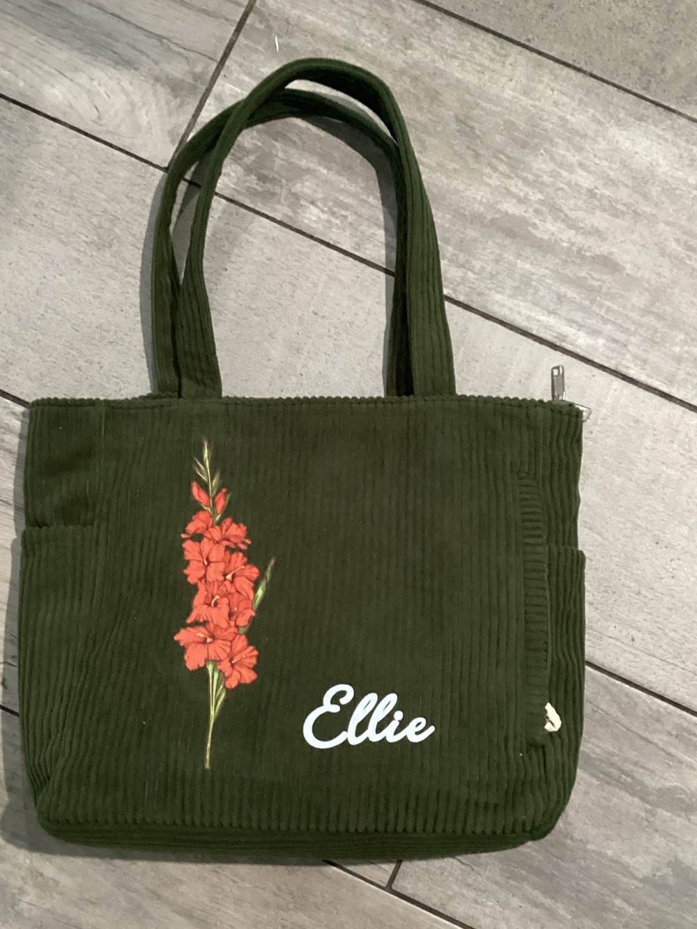 Source Unknown Olive Green Corduroy Tote with Red Floral Accent